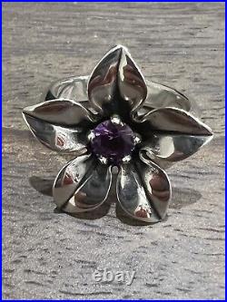 Authentic Retired James Avery Sterling Silver Flower Ring With Amethyst Size 7.5