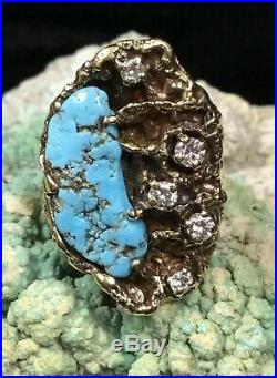 Finest! James Avery 14K Gold, Diamonds & Turquoise Retired Ring, 13.5g