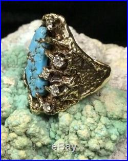 Finest! James Avery 14K Gold, Diamonds & Turquoise Retired Ring, 13.5g