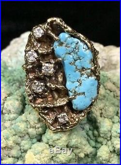 Finest! James Avery 14K Gold, Diamonds & Turquoise Retired Ring, 13.5g