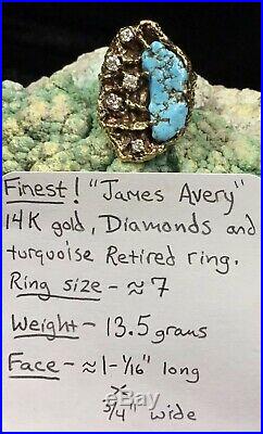 Finest! James Avery 14K Gold, Diamonds & Turquoise Retired Ring, 13.5g