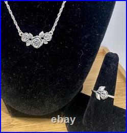 JAMES AVERY Sterling Silver Small Rose Ring & Cluster Rose Pendant Necklace Set