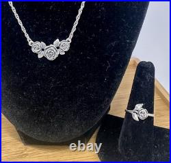 JAMES AVERY Sterling Silver Small Rose Ring & Cluster Rose Pendant Necklace Set