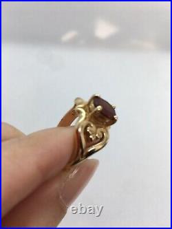 James Avery 14K Yellow Gold Scrolled Heart Ring with Garnet Size 6 Retired
