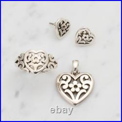James Avery 925 Silver Scrolled Heart Floral Pendant, Ring Sz 8, & Stud Earrings