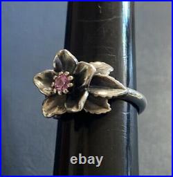 James Avery Christmas Rose Pink Sapphire Flower Ring Sterling Retired Size 7.25