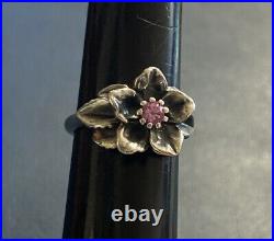 James Avery Christmas Rose Pink Sapphire Flower Ring Sterling Retired Size 7.25
