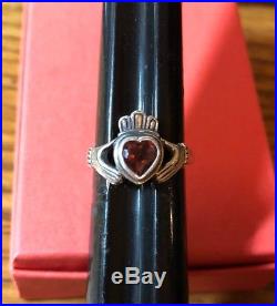 James Avery Rare Retired Sterling Silver Claddagh Garnet Heart Ring -Size 6.5