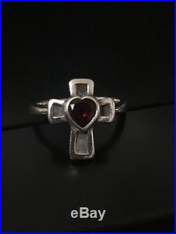James Avery Retired Sterling Silver Cross with Garnet Heart Ring Size 8