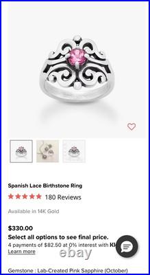 James Avery Spanish Lace Pink Sapphire Ring 7.5