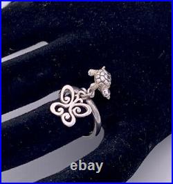 James Avery Sterling Silver Retired 2 Charms Dangle Ring Turtle & Butterfly Sz 4