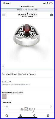 James avery Scrolled Heart garnet ring