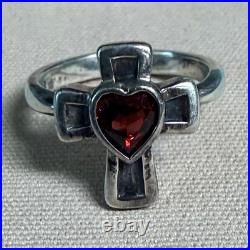 Retired James Avery 925 Sterling Silver Cross Heart Red Garnet Bezel Ring Size 7