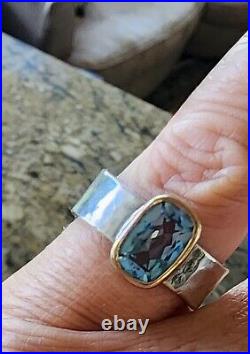 Retired James Avery Blue Topaz Ring Sz 7 14kt Gold Bezel and. 925 Hammered Band