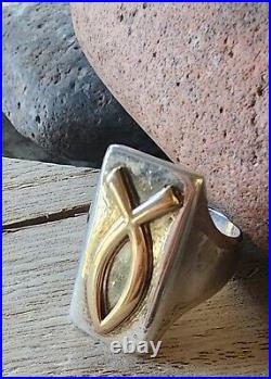 Retired James Avery LONG Gold Raised Fish /Sterling Silver Ring Size 9