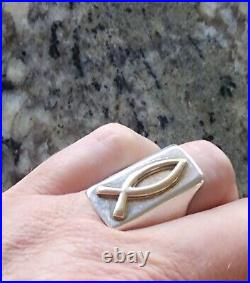 Retired James Avery LONG Gold Raised Fish /Sterling Silver Ring Size 9