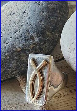 Retired James Avery LONG Gold Raised Fish /Sterling Silver Ring Size 9