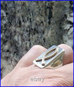 Retired James Avery LONG Gold Raised Fish /Sterling Silver Ring Size 9