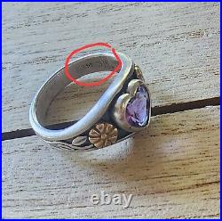 Retired James Avery Purple Amethyst Heart 14kt Gold Flower Sterling Silver Ring