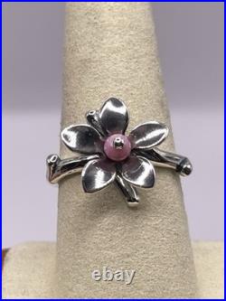 Retired James Avery Spring Blossom Ring with Pink Bead sz 8.5 Sterling Silver