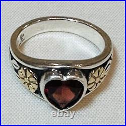 Retired James Avery Sterling Silver Ring Garnet Heart 14k/585 Gold Flowers Sz 5