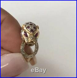 Solid 14k Yellow Gold Cougar Leopard Ruby & Diamond Ring 4g, Size 7, 1028